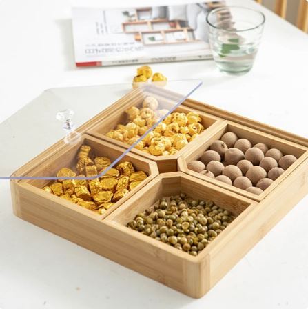 Techmanistan 4/6 Compartments Bamboo Wooden Tray With Transparent Lid, Bamboo Wooden Divided Serving Tray with Clear Acrylic Lid Dried Fruit Storage Box 4 Grid Nuts Platter, Multiple Compartments Serving Tray, Multifunction Snack Storage Container