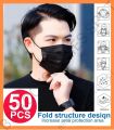50-Pack Black Disposable Fashion Face Masks – 3-Layer, 70 GSM Protection. 