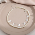 Silver Pearl Butterfly Double Layer Korean Jewellery Choker Necklace Jewellery For Girls- Silver Chain Neck Statement Collar Chains Choker Shining Female Choker Korean Jewellery. 