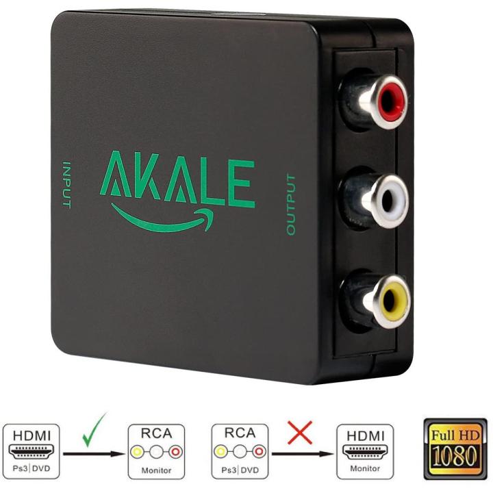 Akale 1080P HDMI to AV RCA CVBS Composite Video Audio Converter Adapter Support PAL/NTSC with HDMI Cable 3RCA Cable for PC Laptop Xbox PSTV VHS VCR Camera DVD Roku 2 Roku 3 ,Black