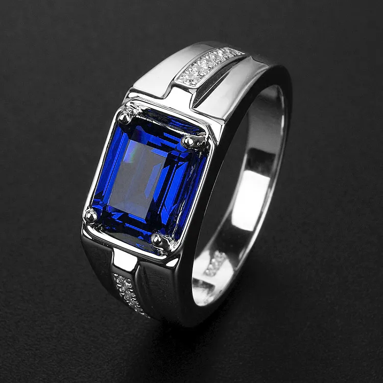 White Gold Plated Fashion Brass Men Rings Blue Sapphire Mens Ring