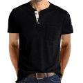 Men's Summer Henley Collar Tops, Solid Color Short-Sleeve Buttoned Decoration Slim T-shirt. 