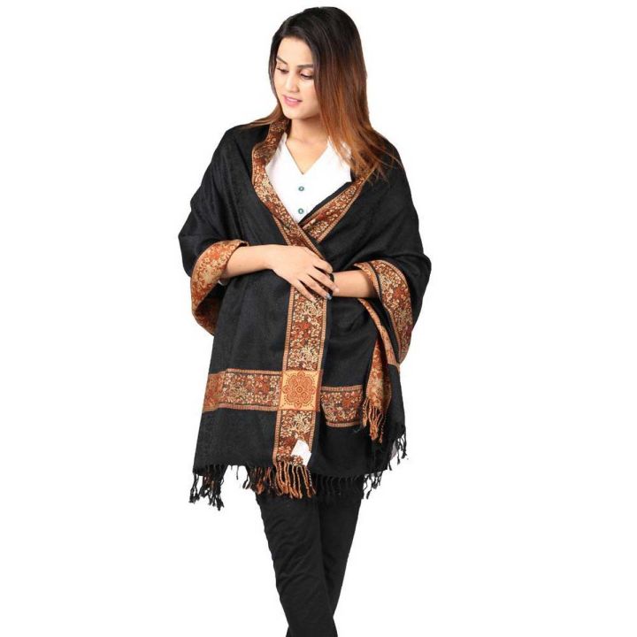 Black Kashmiri Stoler For Girls 4 Border Pashmina Stole Muffler Shawl For Women - Mominas