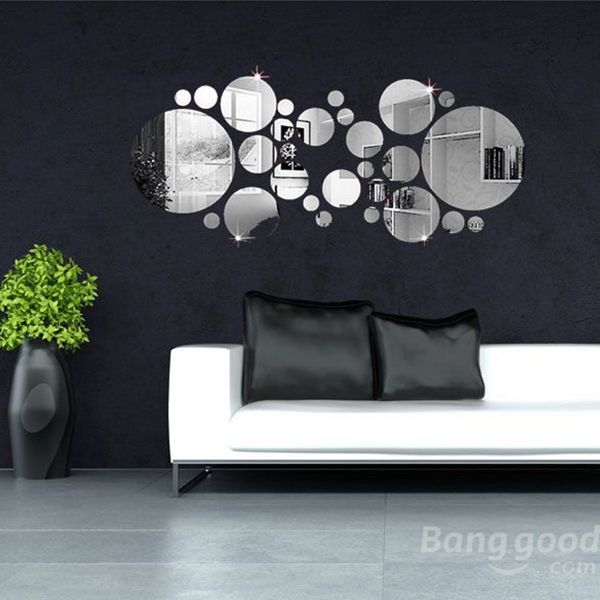 3D circle mirror wall decal living room decoration silver