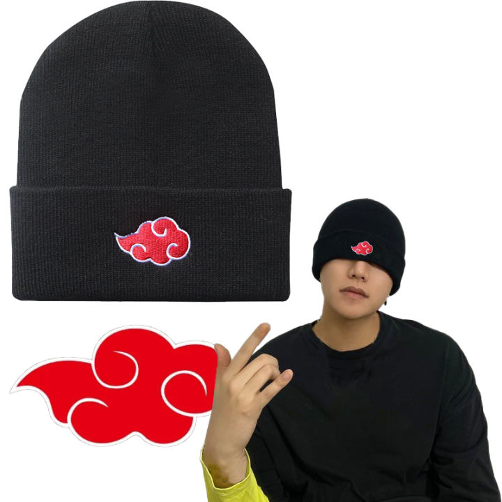 Anime Naruto Hat Akatsuki Cosplay Uchiha Obito Red Cloud Embroidery Caps Knitted Bonnet Autumn Winter Warm Beanie Hat Men Women