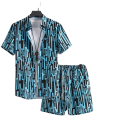 "Stylish Men's Two-Piece Outfit - Blue Geometric Print Short Sleeve Shirt and Shorts Set". 