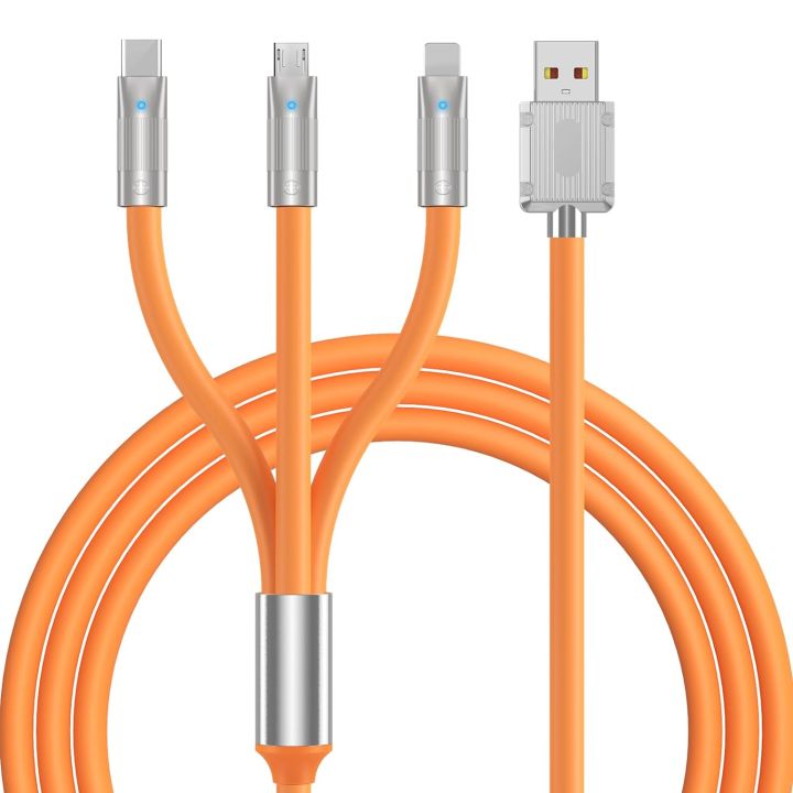 Multi Charging Cable 4FT, 3 in 1 Multi Charger Cable Heavy Duty Unbreakable Silicone Zinc Alloy Universal 3A Fast Charge Cord with Type-C/Micro USB/IP Connectors for Phones and More（Orange）
