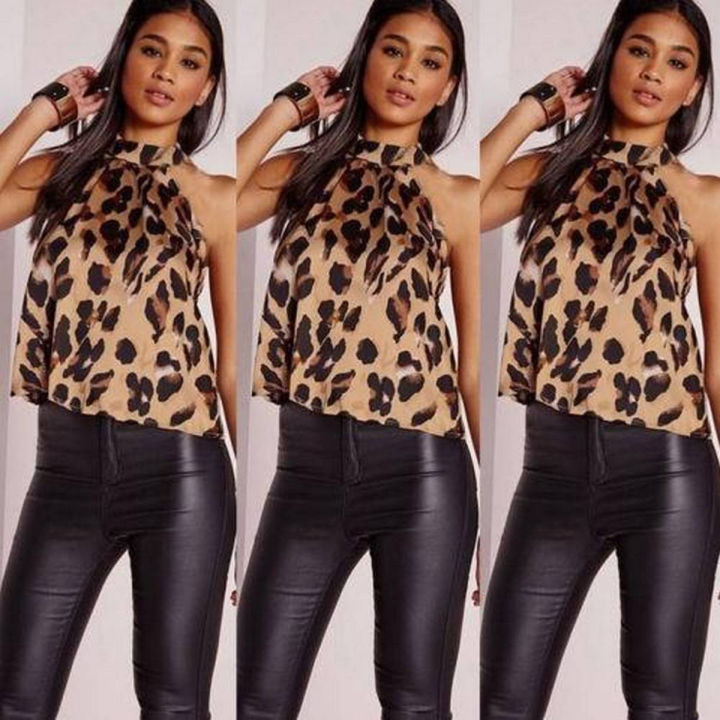 Fashion Leopard Women Halter Off Shoulder Tank Top Casual Blouse Vest O Neck T Shirt Top Daraz.pk