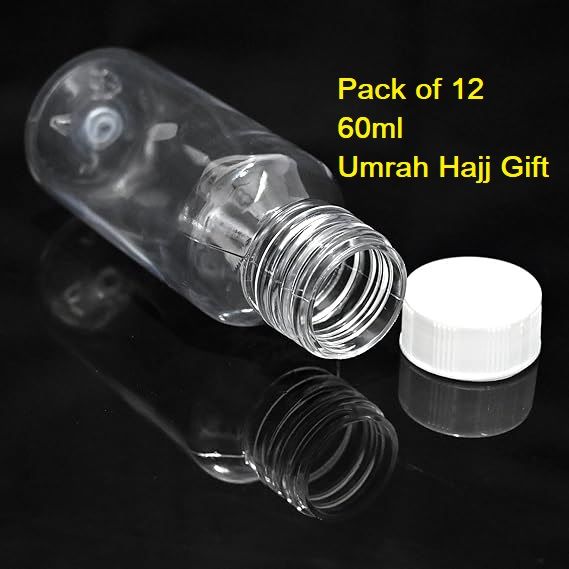 12 Zam Zam Bottle, Empty 60ml Capacity Transparent PET material for Keeping Aby Zam Zam Water as Tabarruk, Umra Special, Hajj Accessories