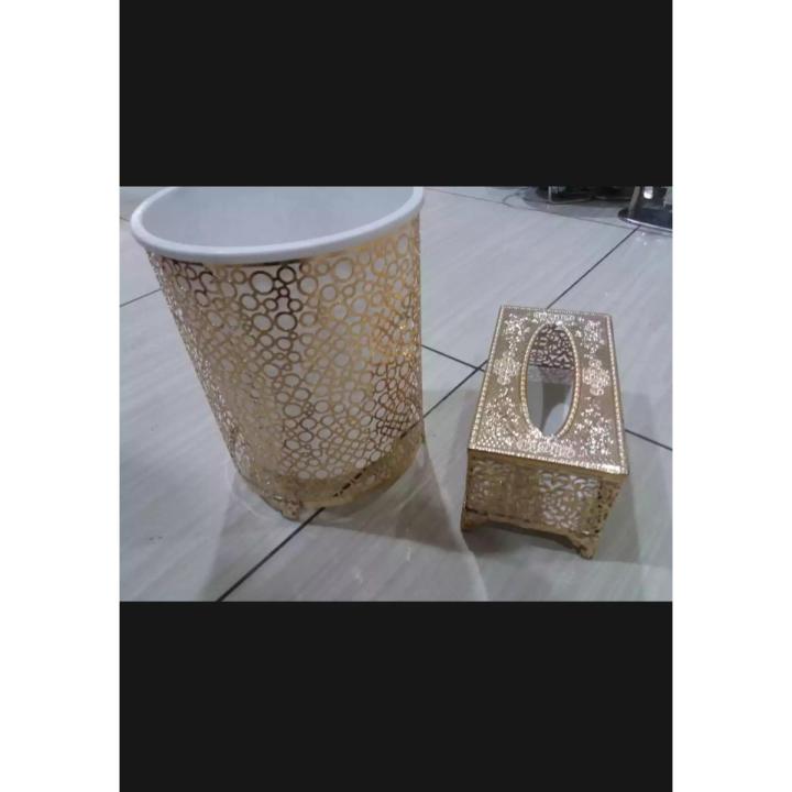 Beautiful New Golden Dustbin And Tissue Box Set Gold 30-22 centimeter