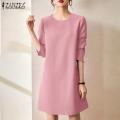 ZANZEA Women Formal Office Full Sleeve O-Neck Solid Dress Elegant Commute A-Line Dresses #11. 