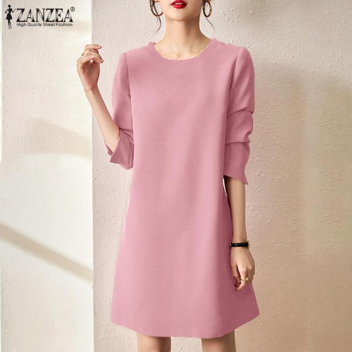 ZANZEA Women Formal Office Full Sleeve O-Neck Solid Dress Elegant Commute A-Line Dresses #11