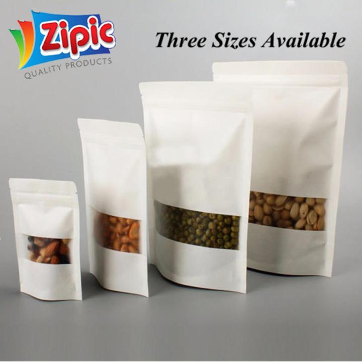 Pack of 3 Natural Kraft paper Stand up pouch Zipper bags with Window White color three sizes available