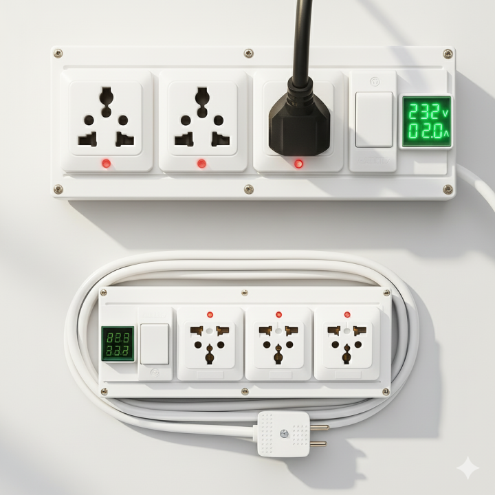 Extension Board with Voltage Ampere Display 3 pin Sockets On Off Button ...