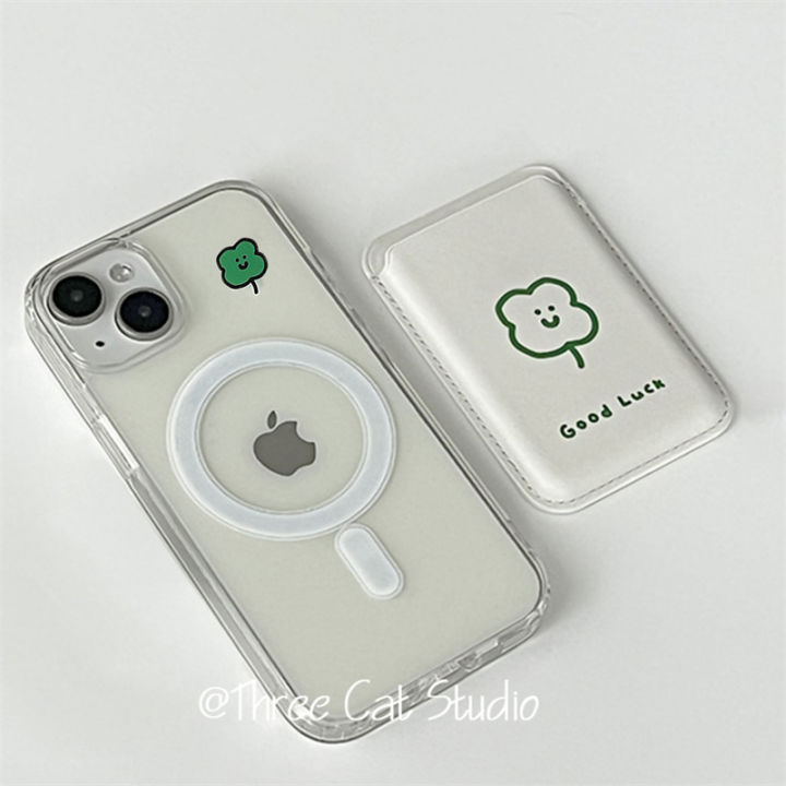 Korean Lucky Four-leaf Clover For Magsafe Wireless Charge Clear Phone Case For iPhone 15 14 12 13 11 Pro Max Wallet Back Cover