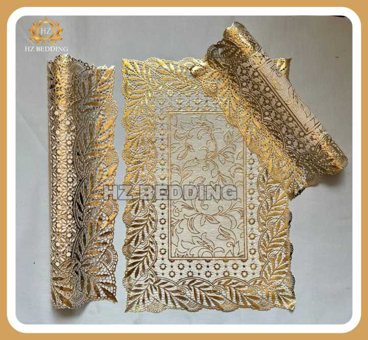 3pcs center table dressing table and side Table Mat Golden  Large pcs size(15×36) And small 2pcs size(12×18) Inches material vinyl soft plastic Premium