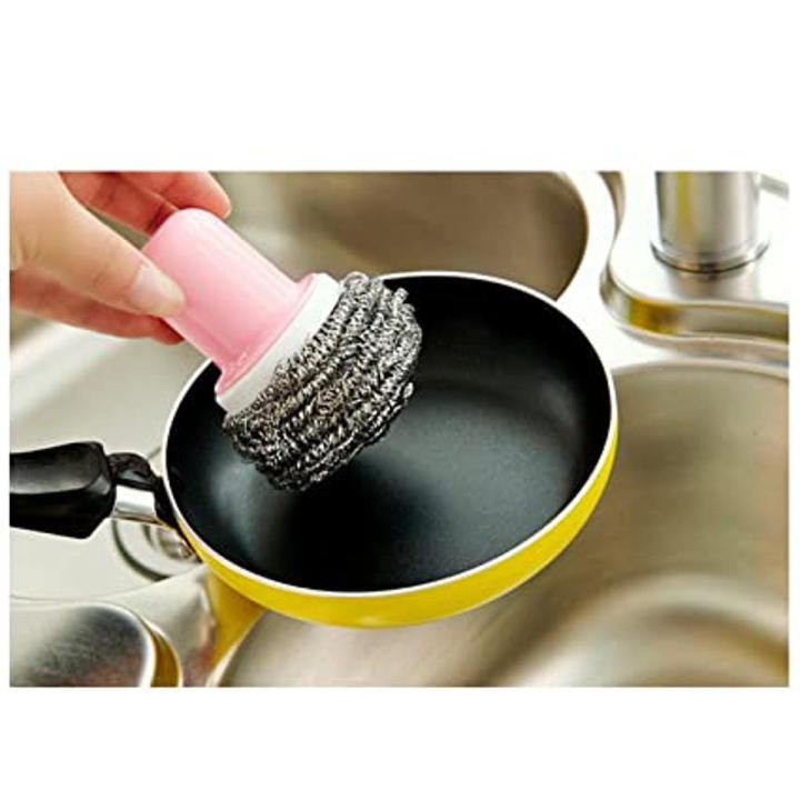 1Pc Scrub Brush Stainless Steel Sponge Scrubber With Handle Dish Washing Brush