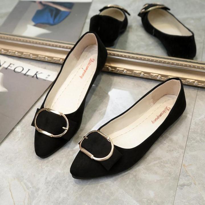 Women%20Suede%20Belt%20Buckle%20Flat%20Heel%20Pointed%20Toe%20Casual%20Shoes%20Black%20-%20Image%204