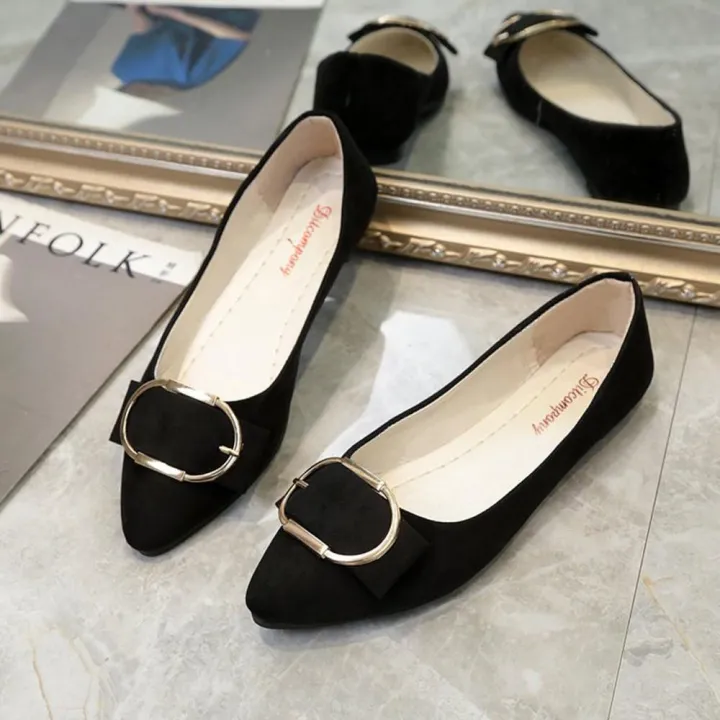 Women%20Suede%20Belt%20Buckle%20Flat%20Heel%20Pointed%20Toe%20Casual%20Shoes%20Black%20-%20Image%204