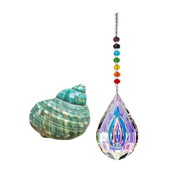 2Pcs Home Decorations: 1 Pcs Sun Catcher Feng Shui Crystals Window Drop Prism & 1 Pcs 10CM Green Turbo Sea Shell Conch