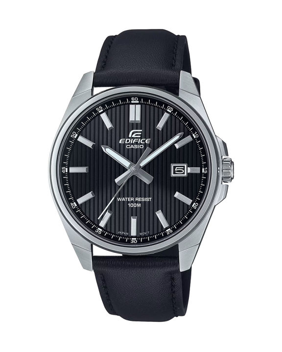 Casio Edifice Mens Silver Stainless Steel Case Round Analog Date Black Tough Leather Band Watch-EFV-150L-1AVUDF