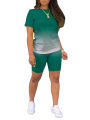 Women’s Short Sleeve T-shirt Shorts Suit Fashion Gradient Solid Color Pullover Top and Tight High-waist Pants. 