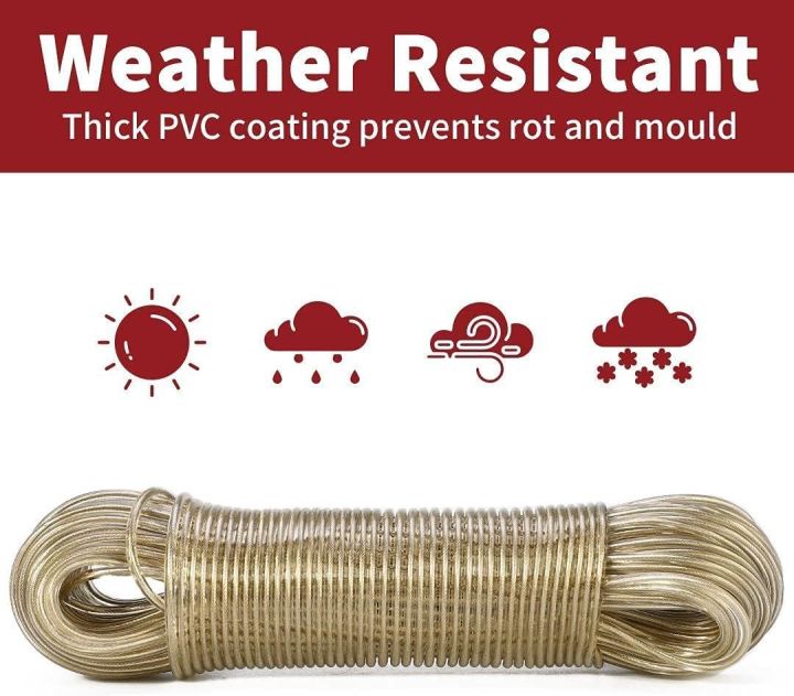 Betsey® Heavy Duty Steel Wire Plastic Coated Clothesline Rope with Five ...