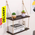 Wall Mounted Rope Hanging Shelf - Laminated Wooden Floating Rope Shelf Organizer - With 2x Solid Wooden Racks for Bedroom/Kitchen/Office. 