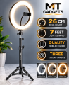 Premium 26cm Ring Light with Tripod Stand and Phone Holder, Pannel Light 7ft Tri-Pod, Adjustable 3 Modes, New - Photography & Studio Lighting Accessory. 