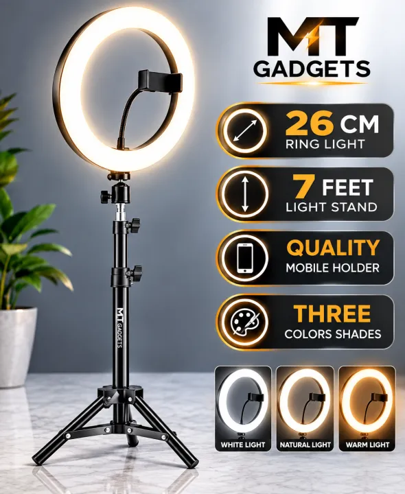 Premium%2026cm%20Ring%20Light%20with%20Tripod%20Stand%20and%20Phone%20Holder,%20Pannel%20Light%207ft%20Tri-Pod,%20Adjustable%203%20Modes,%20New%20-%20Photography%20&%20Studio%20Lighting%20Accessory%20-%20Image%209