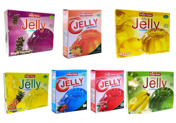 Happy Home Crystal Jelly-7 Flavours available here-55 GM Each Jelly box | Black Currant -Mango -Pineapple -Banana -Berry -Strawberry-Orange( PACK OF 7)
