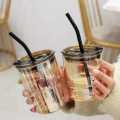 450ml Coffee Glass Mug Cups with Lids and Straws with Leather Sleeve Reusable Glass Coffee Tumbler. 