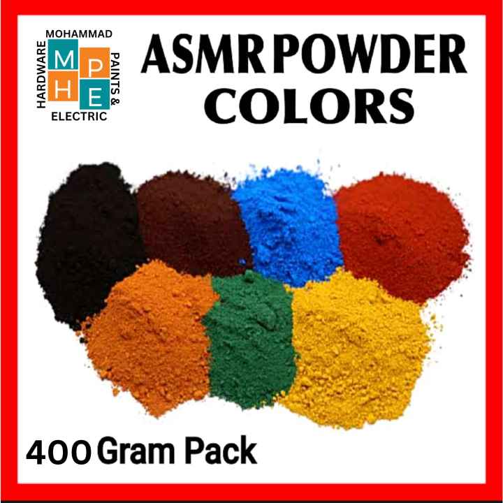 ASMR & Cement Dry Colours For ASMR Chalk Powder 400 Gram Pack. Red، Yellow، Pink ، Green، Blue ، Brown، White، Apple green۔ also use in white cement, chalk, gypsum, distemper, lime, plaster of Paris, concrete, grouting for tiles and stones etc۔