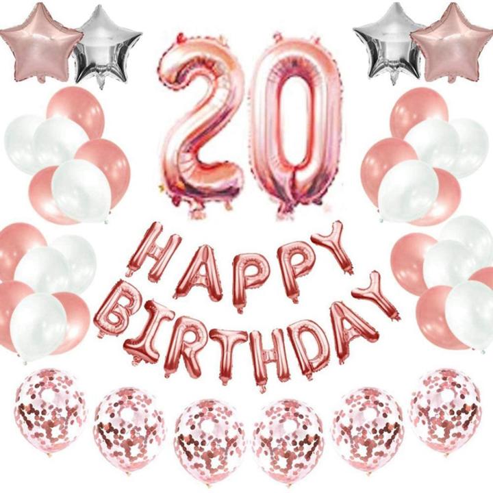 20Th Happy Birthday Party Decorations Kit - Happy Birthday Balloon Banner, Number "20" Balloon Mylar F, Rose aurum