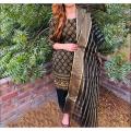 Shah Kamal Fabrics Unstitched 3 Piece Suit-Katan Silk Block Printed Shirt & Plain Trouser with Organza Dupatta For Ladies. 