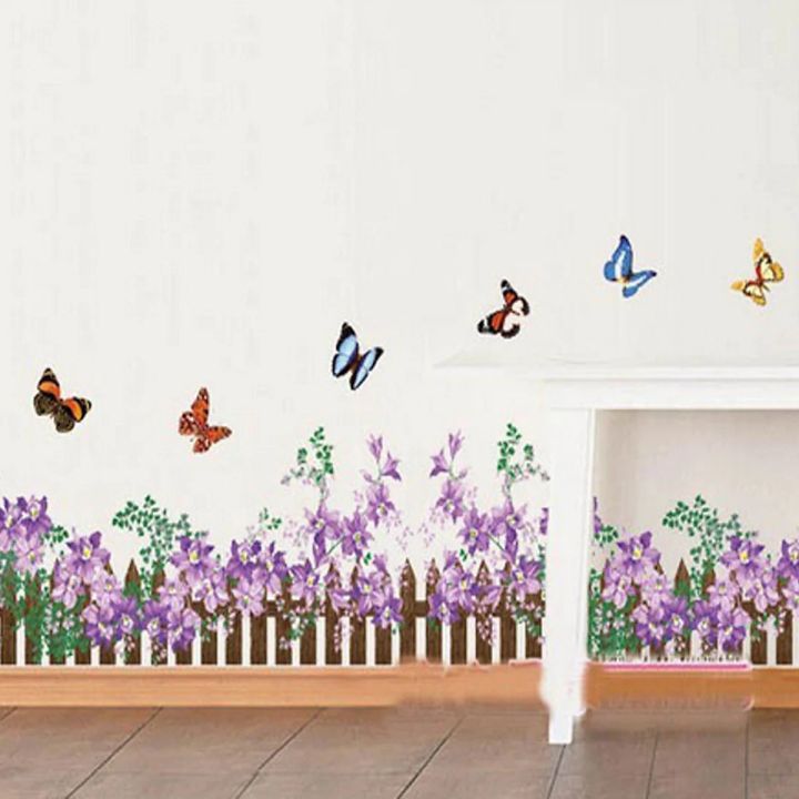 AY872 Wall Stickers Living Room Hallway Entrance Hallway Stairs Decor MuralPurple Butterfly Flower Fence Skirting Line