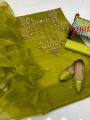 Girl's Dream Fashion Party Collection 2024 3pcs Handmade Dress For Women Organza tilla Aari Beets Embroidry Handmade Shirt Organza Kundan Dupatta Khatan Trouser. 