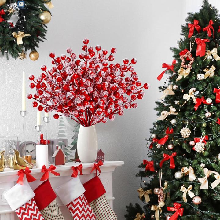 Childrenworld Winter-themed Party Decorations with Artificial Cranberries Vibrant Snow Frosted Red Berry Stems for Christmas Tree Decor Diy Crafts Snowflake Berry for Diy Crafts