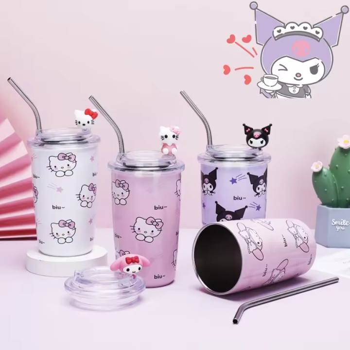 Imported Sanrio Hello Kitty 450ml Kawaii Cups With Lids And Straws Insulated Cup 304 Stainless Steel Coffee Cute Birthday Gift Stainless Steel Water Bottle Tumbler for School Kids and Girls