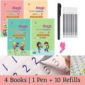 Pack Of 4 Sank Magic Practice Copybook (4 BOOKS + 1 PEN + 10 REFILL) | Learning Workbook for Coloring, Drawing & Sketching. 
