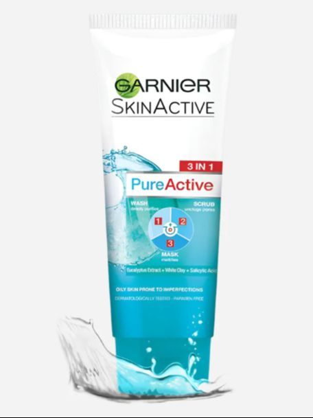 Garnier Pure Active 3 in 1 Face Wash (100ml) Cleanser, Scrub & Mask for Clear, Matte Skin