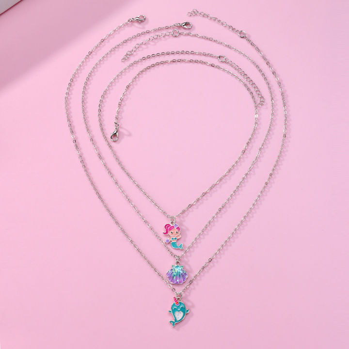 New GC 3pc Girl Necklace Jewelry Cartoon Mermaid hell Dolphin hape Pendant Clavicle Chain Children Gift