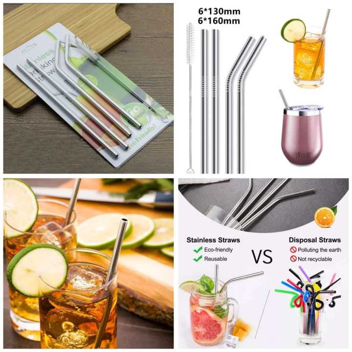 Reusable Stainless Steel Straw with Cleaning Brush (2- Bend Pipe, 2- Long Straw, 1-Cleaning Brush)