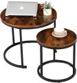 Small Round Coffee Tables for Living Room Apartment, Set of 2 Industrial Nesting Side End Table w/Wooden Surface Top and Sturdy Metal Legs Modern Table, Rustic Brown. 
