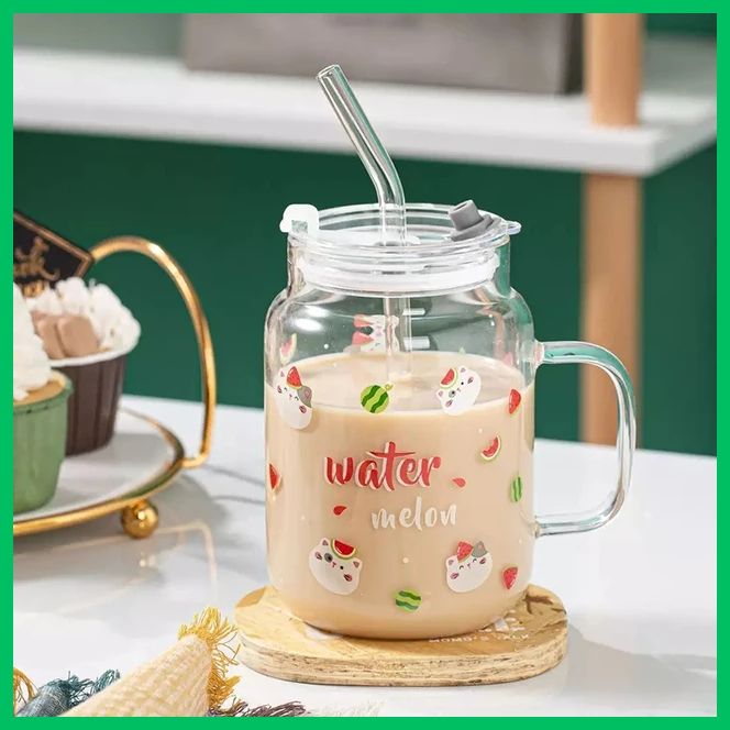 Glass tumbler Mug with lid and glass straw-Spill Proof with silicon protective Lid-Coffee, Milk glass Mugs-cute Juice glass mug