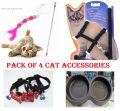 Bundle of cat accessories : Cat Collar - Bowknot Bell Design, Cat stick Teaser Toy Feather, cat double bowl, cat harness and leash. 