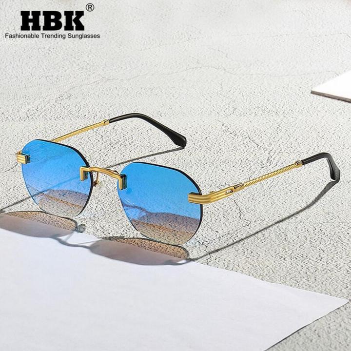 HBK Blue MIRROR Frameless Gold Metal Ladies Sunglasses Men Rimless Brown Sun Glasses For Women Fashion Shades Cutting Eyeglass Daraz.pk