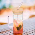 400ML Creative Square Straw Mug Modern Fashion Juice Cup,Single Colored Handle Layer Drinking Glass Cups, Straw & Wooden Lid  For Soda Iced Coffee Milk Bubble Tea Water - Random Color. 