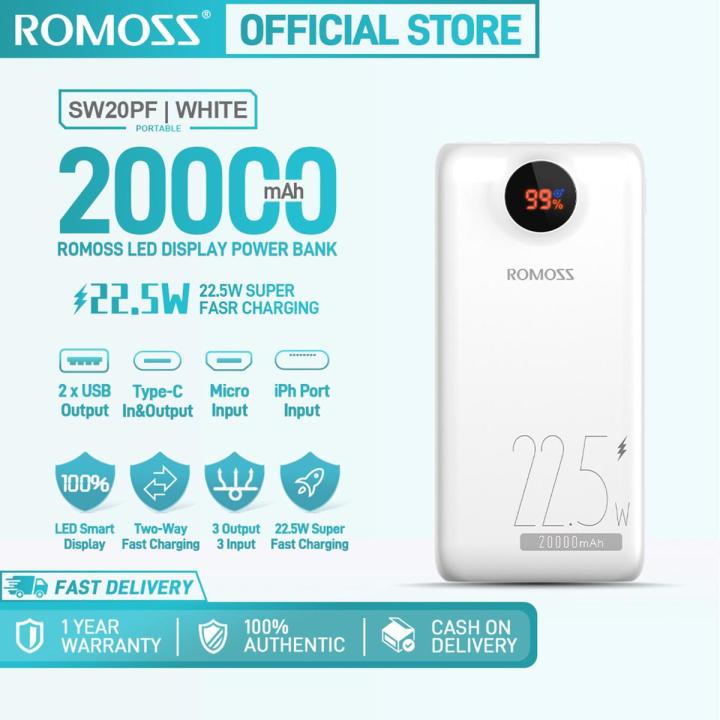 ROMOSS SW20 PF 22.5W 20000mAh Power Bank, 22.5W PD&QC Fast Charge Portable Charger, 3 Outputs and 3 Inputs External Battery Pack with LED Display for iPhone 14Pro Max/13/12/11 Pro Max Samsung S23/S22 Ultra/ Plus, Tablets, Laptops and More