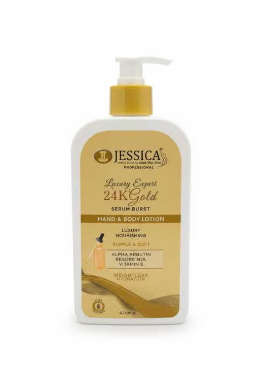 JESSICA Luxury Expert 24K Gold SERUM BURST HAND & BODY LOTION LUXURY NOURISHING SUPPLE & SOFT ALPHA ARBUTIN RESORCINOL VITAMIN E WEIGHTLESS HYDRATION 420ml